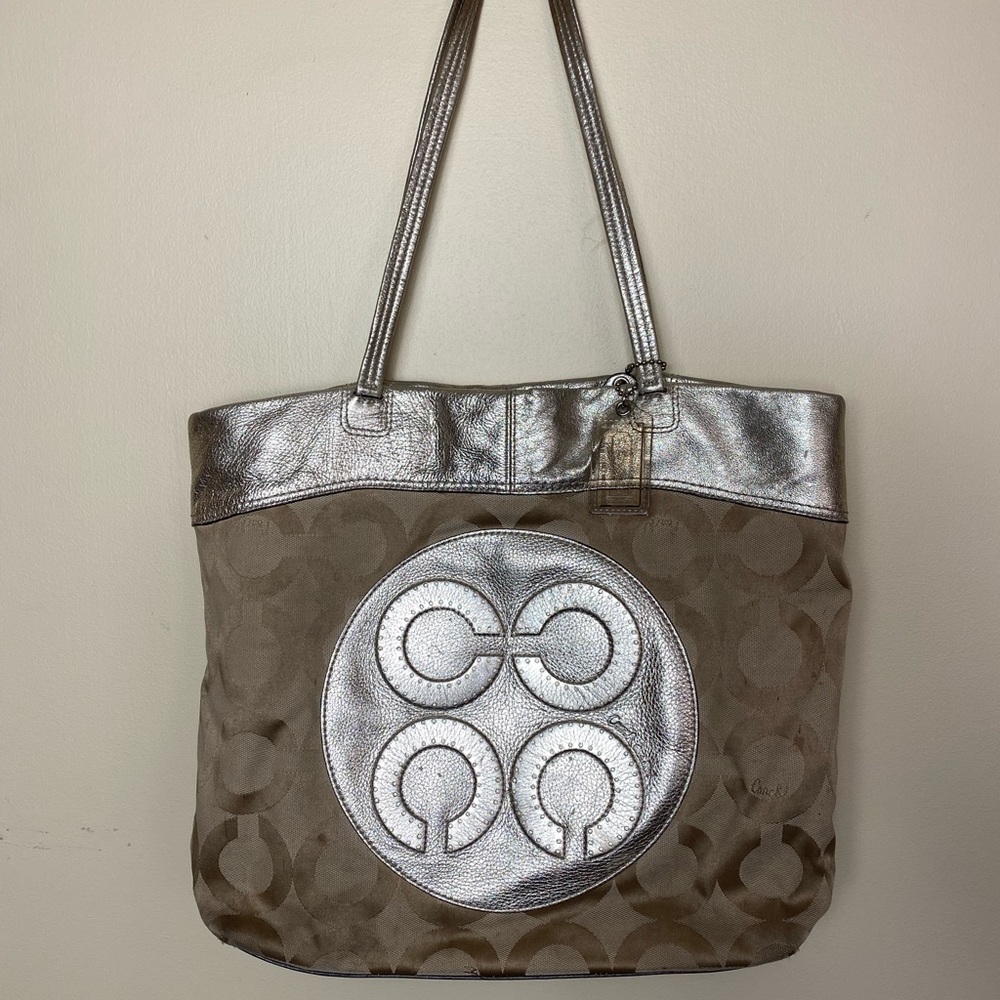 Coach Signature Canvas Leather Tote Gold “Laura”